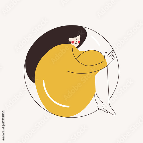 Introvert depressive sad lonely woman in anxiety flat vector cartoon illustration. Girl alone, loneliness unhappy female character. Upset people with stress, fear. Psychology, psychotherapy concept