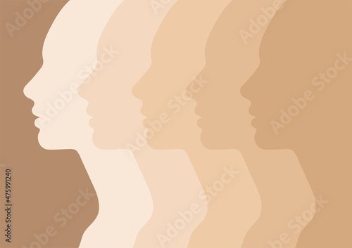 Female faces, silhouette in profile. People with different skin tones. A group of people of different nationalities and cultures. Society or population, social diversity. Vector illustration