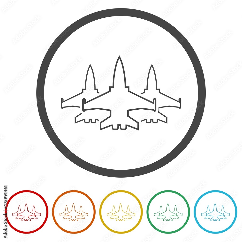 Fighter jet icon isolated on white background, color set