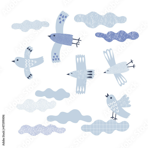Peace birds clouds in the sky vector illustration isolated on white. Childish birdie poster for nursery. Baby blue dove tee print design for kids apparel.