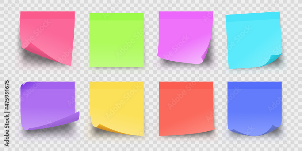 Realistic office sticky paper reminder notes in colors. Adhesive square ...