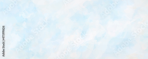 Christmas vector watercolor art background. Hand drawn vector texture. White clouds. Blue sky. Pastel color watercolour banner. Template for design. Snowfall. Cold. Merry Christmas! Happy New Year!