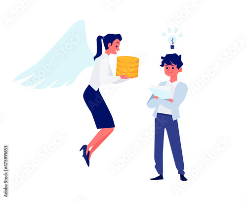 Business partnership of female angel investor and young businessmen with innovative startup idea, isolated vector.