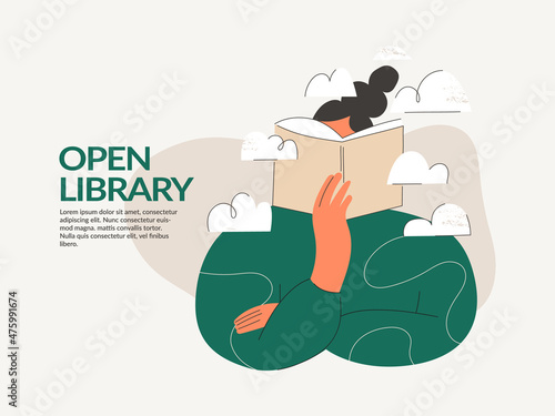 Woman reading open book in library landing page template or web banner. Book festival, education and dreaming, culture festival day, literature event. Flat vector illustration isolated on background