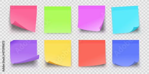 Realistic office sticky paper reminder notes in colors. Adhesive square memo pages for important messages. Sticker post notepad vector set