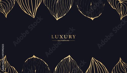 Luxury natural frame with golden leaves line art on dark blue
