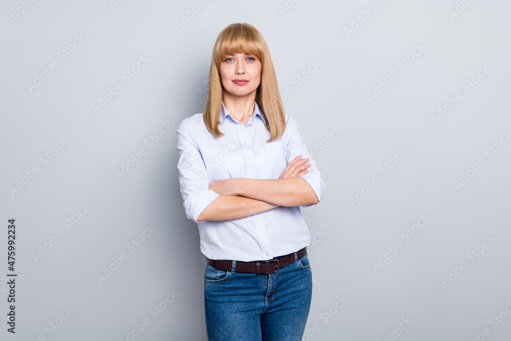 Photo of intelligent experienced business lady cross hands ready decide solution isolated over grey color background