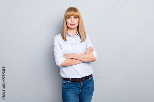 Photo of intelligent experienced business lady cross hands ready decide solution isolated over grey color background