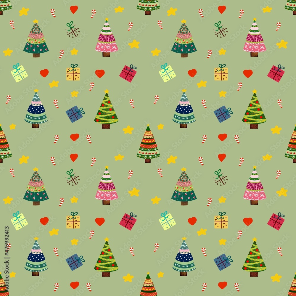seamless pattern with Christmas tree on a green background seamless pattern with Christmas tree on a green background