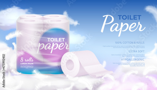 Advertising banner with realistic soft toilet paper, clouds and feathers. Hygiene disposable napkins rolls in plastic package vector concept