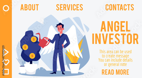 Angel investor water money tree in pot to grow wealth and profit. Horizontal website banner cartoon vector illustration.