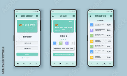Neumorphism bank app interface design on realistic smartphone screen. Online payment with credit card. Financial application vector template