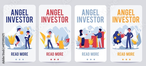 Angel investor onboarding mobile app pages set, flat vector illustration.