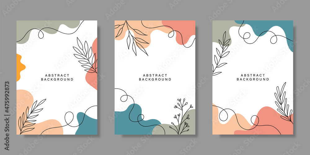 Collection of hand drawn abstract design backgrounds with pastel colors and plant ornaments. Vector Illustration