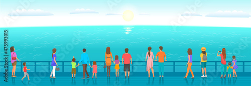 People watching marine scenery. Parents and children stand on pier and admire seascape. Sea view, breeze, seascape in summer. Characters having rest near ocean, summer holiday pastime, recreation