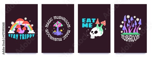 Psychedelic groovy mushrooms weird neon prints for t-shirts. Magic mushroom, skull, flower and rainbow. Trippy 70s poster design vector set