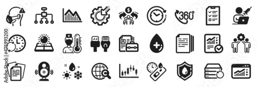 Set of Science icons, such as Vacancy, Investment graph, Computer cables icons. Employees teamwork, Thermometer, Documents signs. Covid test, Candlestick graph, Oil serum. Medical mask. Vector