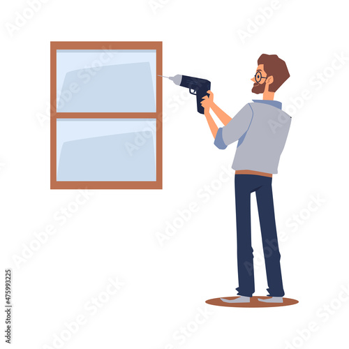 Bearded man in glasses repair or fix window pane at home, flat cartoon vector illustration. Househusband concept.