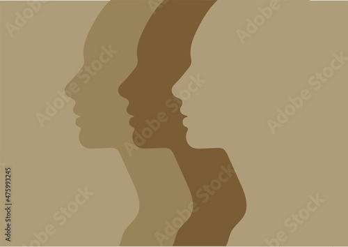 Female faces, silhouette in profile, skin tone. People with different skin colors, African, Asian or European skin. Society or population, social diversity. Vector illustration in flat design isolated
