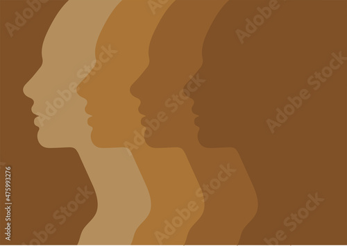 Female faces, silhouette in profile, skin tone. People with different skin colors, African, Asian or European skin. Society or population, social diversity. Vector illustration in flat design isolated