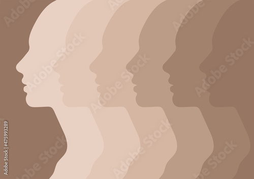 Female faces, silhouette in profile. People with different skin tones. A group of people of different nationalities and cultures. Society or population, social diversity. Vector illustration
