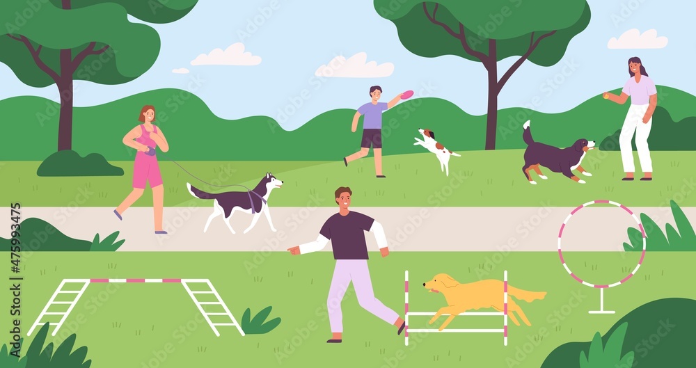 Dog park with people playing, training and walking pets. Flat owners and dogs outside activity. Domestic animals playground vector concept Dog park with people playing, training and walking pets. Flat owners and dogs outside activity. Domestic animals playground vector concept