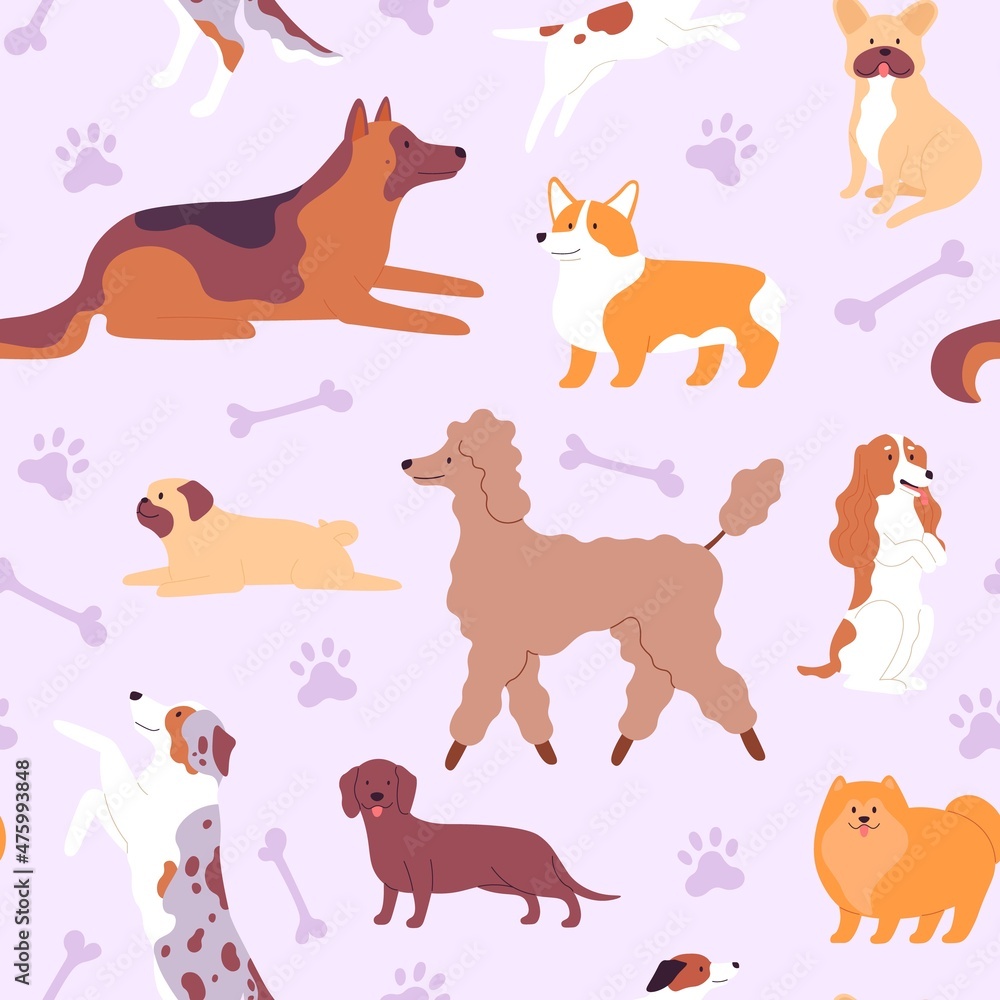 Seamless pattern with cute dogs and puppies in scandinavian style. Print with doodle poodle, pug, corgi and german shepherd vector texture Seamless pattern with cute dogs and puppies in scandinavian style. Print with doodle poodle, pug, corgi and german shepherd vector texture