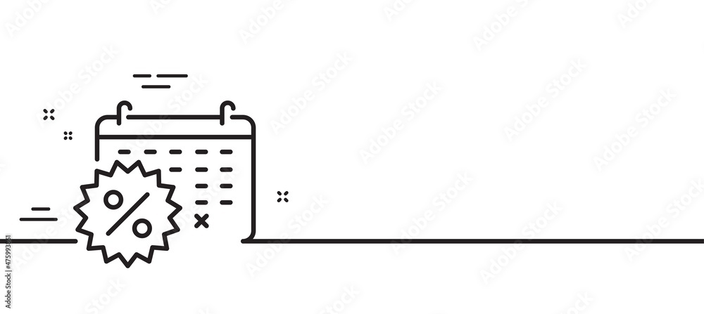 Calendar discounts line icon. Sale shopping sign. Clearance symbol. Minimal line illustration background. Calendar discounts line icon pattern banner. White web template concept. Vector Calendar discounts line icon. Sale shopping sign. Clearance symbol. Minimal line illustration background. Calendar discounts line icon pattern banner. White web template concept. Vector