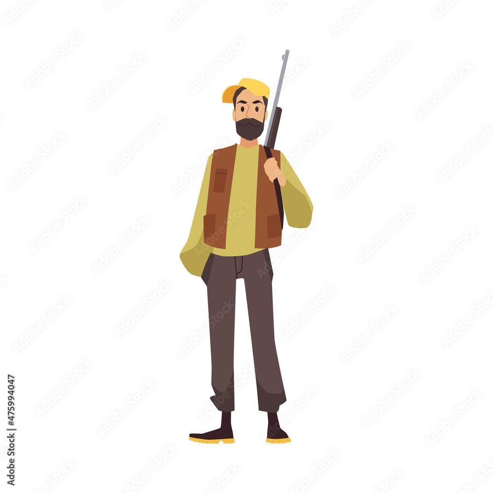 Hunter male cartoon character with rifle, flat vector illustration isolated. Hunter male cartoon character with rifle, flat vector illustration isolated.