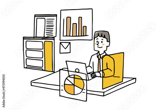 ビッグデータを活用して分析をするスタッフ　インターネットで分析や管理　ゆるい線画の人物イラスト