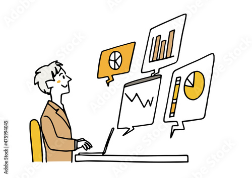 ビッグデータを活用して分析をするスタッフ　インターネットで分析や管理　ゆるい線画の人物イラスト