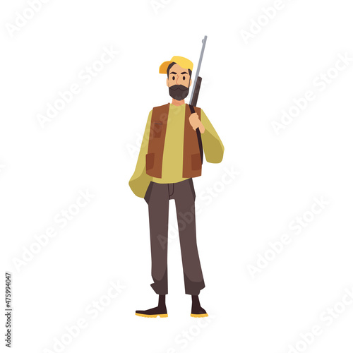 Hunter male cartoon character with rifle, flat vector illustration isolated.