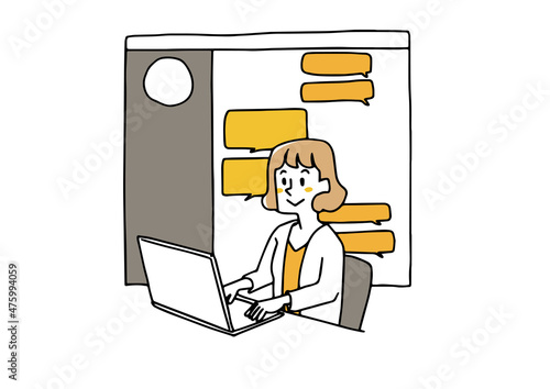 SNSを活用して情報収集をするスタッフ　インターネットで分析や管理　ゆるい線画の人物イラスト