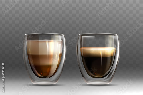 Realistic vector illustration set of hot coffee in glass cups with double walled on grey background. Americano and cappuccino drink with milk foam. Mockup template for branding or product design.