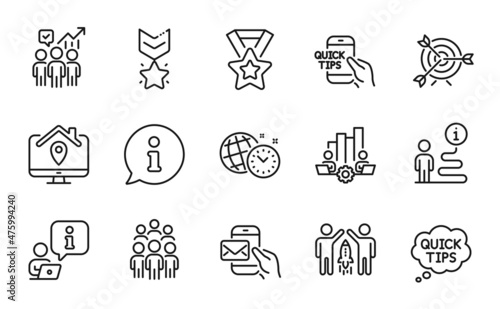Education icons set. Included icon as Education, Partnership, Work home signs. Winner ribbon, Teamwork chart, Quick tips symbols. Group people, Target, Winner medal. Time management. Vector
