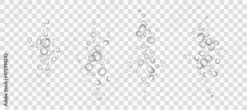 Effervescent water or oxygen fizz, white air bubbles realistic 3d vector illustration. Moving underwater fizzing. Soda or champagne drink design elements isolated on transparent background.
