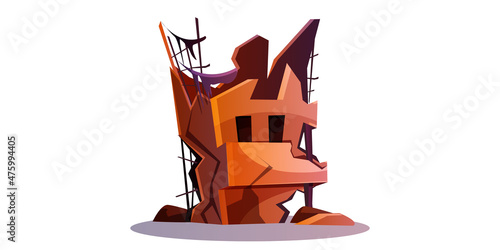 Destroyed building after cataclysm or war. Abandoned broken city house cartoon isolated vector illustration. Damaged structure or derelict town ruins after natural disaster, earthquake or explosion.