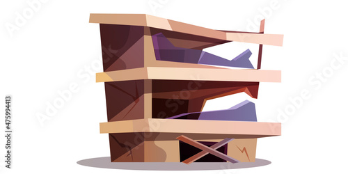 Abandoned broken house after natural disaster, cataclysm or earthquake. Old city building on white background cartoon vector illustration. Damaged construction, derelict urban object after war.