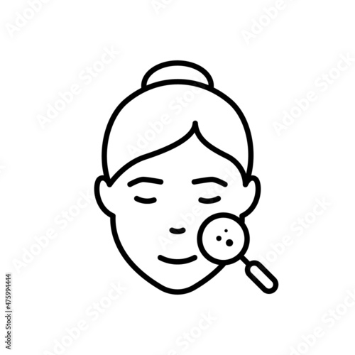 Dermatology Examination of Woman Skin Line Icon. Checkup of Girl Skin Face with Magnifier Linear Pictogram. Facial Skin Care Outline Icon. Editable Stroke. Isolated Vector Illustration