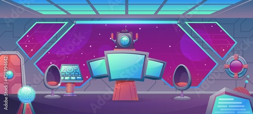 Cartoon spaceship center room interior with monitor and control panel. Futuristic cosmic alien ship cockpit for video game vector background