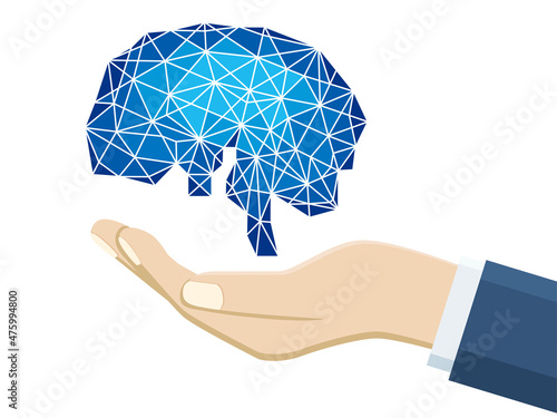 ジオメトリックの手の上に浮かぶ頭脳のイラスト　AI　テクノロジーイメージ　グラフィック素材　Brain, geometric