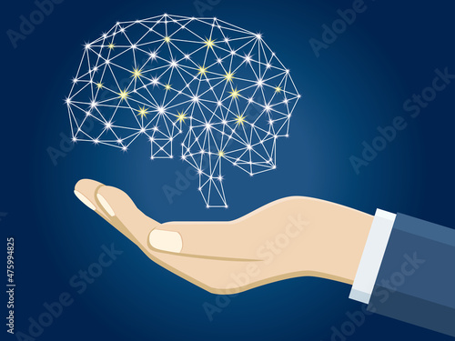 ジオメトリックの手の上に浮かぶ頭脳のイラスト　AI　テクノロジーイメージ　グラフィック素材　Brain, geometric
