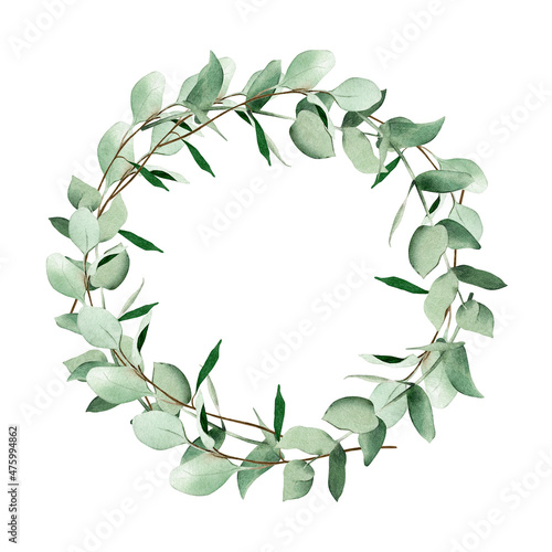 Tableau sur toile Watercolor floral wreath with green eucalyptus leaves
