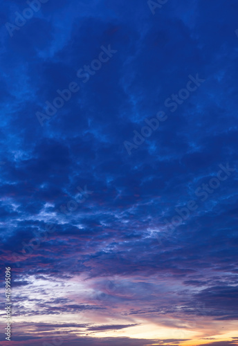 Beautiful view of sky with clouds at sunrise. Partly cloudy. Colorful sunset. Natural blue sky background texture, beautiful color.