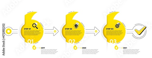 Business Infographic template. Timeline with 3 steps. Workflow process diagram with icons. Research, Idea bulb and Goal target icon. Timeline infograph diagram. Vector