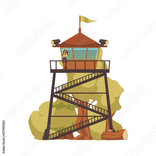 Fire watch tower. Ranger look at the forest with binoculars to detect smoke, cartoon illustration. Fire lookout tower.