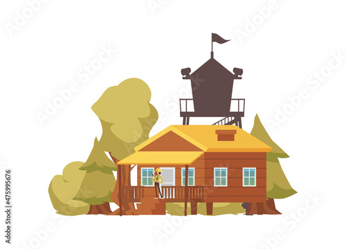 Hunter ranger forest house with observation tower, vector illustration isolated.