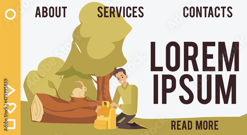 Website banner template with tourist unpacks backpack in forest, flat vector.