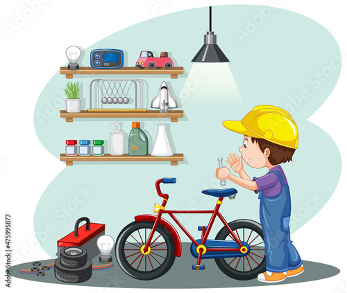 Young boy fixing a bicycle together