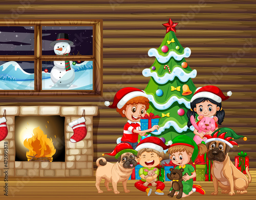 Indoor house scene with children and dogs in Christmas theme © GraphicsRF